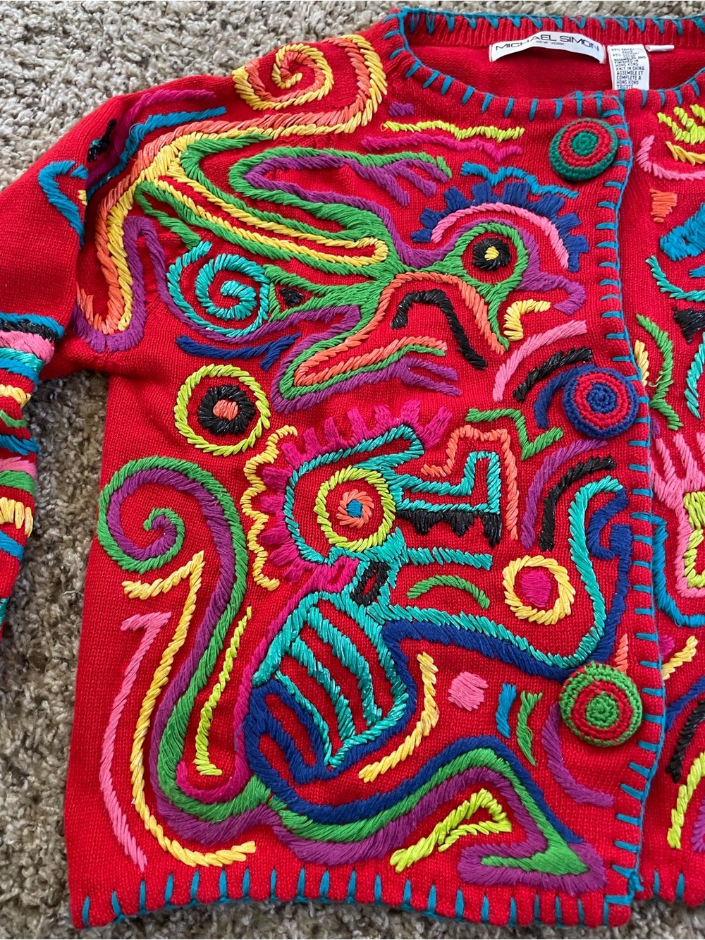 Vintage Michael Simon Red Cardigan with Turquoise Trim and Multicolor Embroidery - Picture 5 of 9
